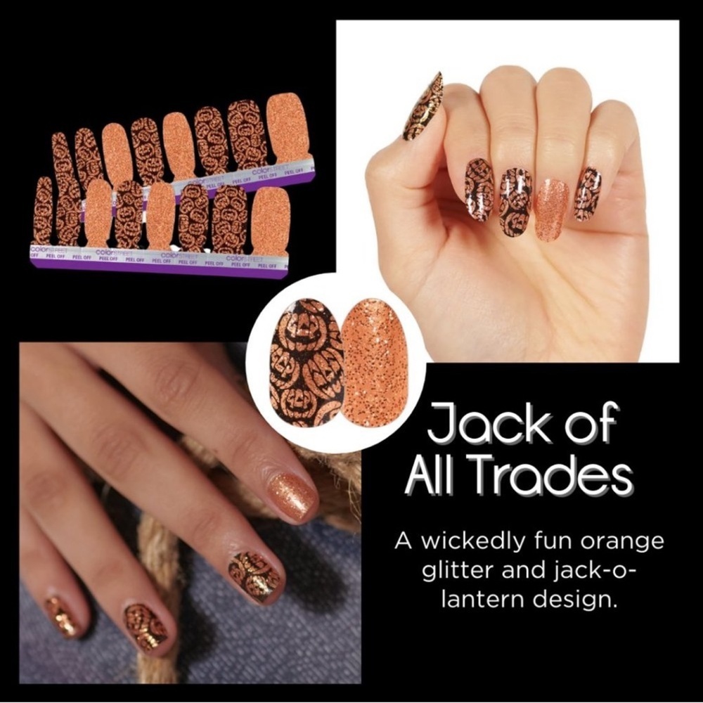 COLOR STREET Jack of All Trades Orange Glitter and Jack-o-Lantern Nail Wraps
